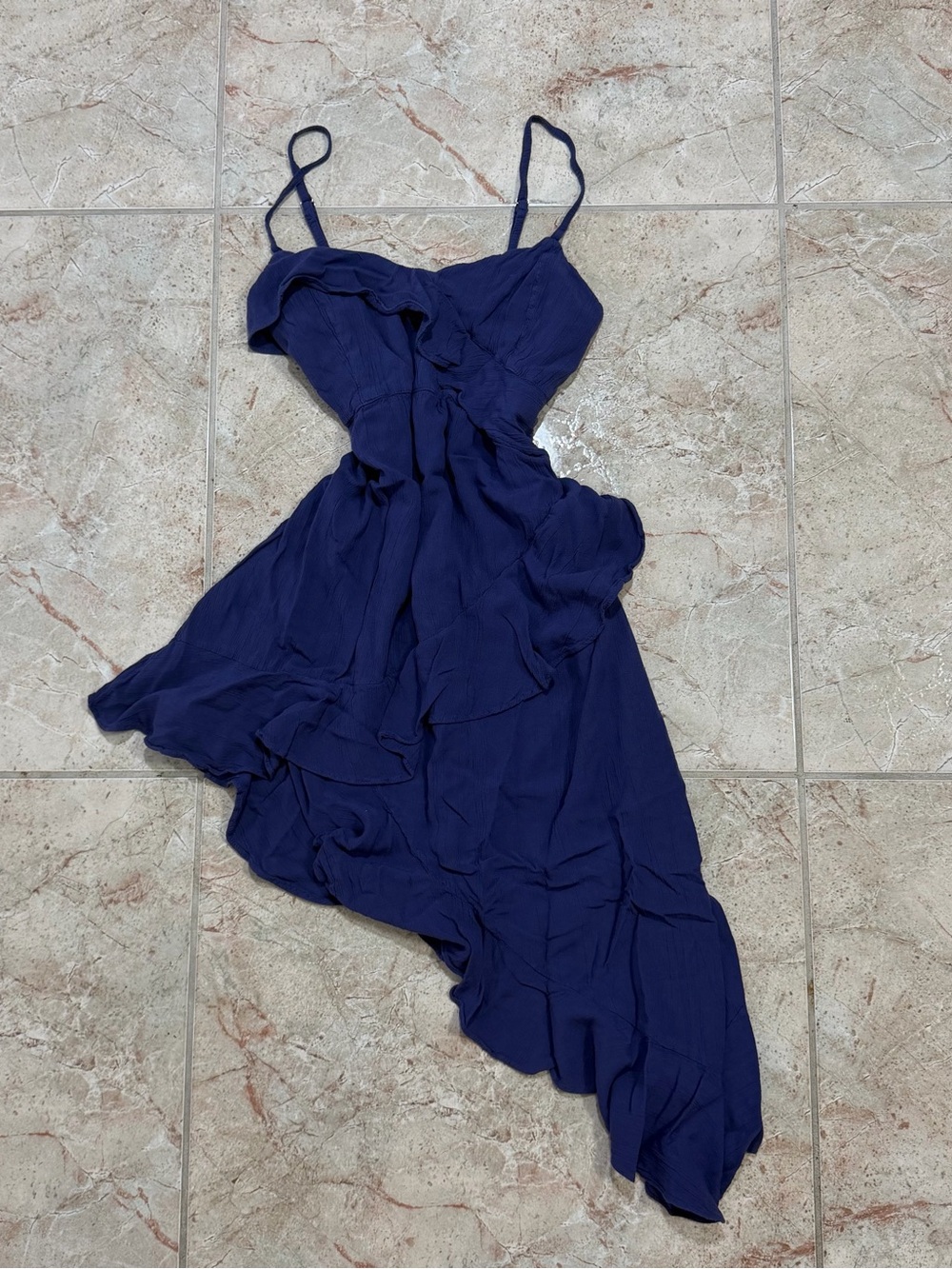 Angie Navy Asymmetrical Ruffle Slip Dress
